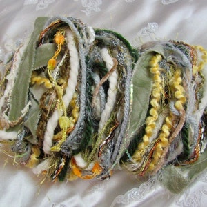 Green Yellow Ribbon Yarn Bundle Lot Assorted Novelty Fancy Premium Fibers Mixed Media Journal Slow Stitch Weaving Art // 28 yards sampler