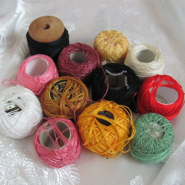 Lot of 12 // Cotton Assorted Colors Sizes Mini Balls Spools Threads for Crocheting Tatting Doilies Embroidery Beading DMC Perle