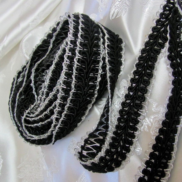 Galon tressé tissé ganse à volutes métallisé argent noir vintage // 23 mm - 3,5 yards au total // Beaucoup d'autres choix dans ma boutique !!