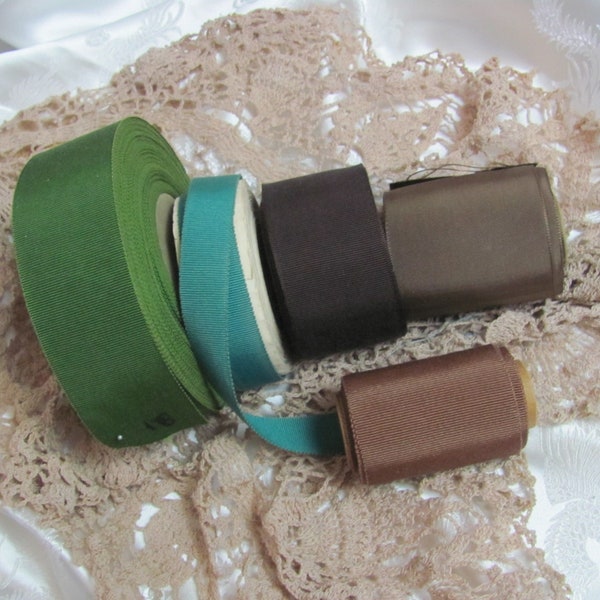 Partial Roll of Vintage Grosgrain Ribbon Assorted Colors Widths Lengths Paper Wrapped Brown Green - cotton rayon blend Petersham France USA