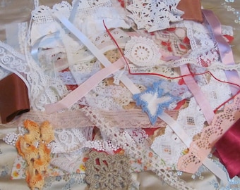 Assorted Lace Doily Pieces Scrap Textile - 40 Different - Antique Vintage Crafts Scraps Bundle Mixed Journal Embellishments Slow Stitch Junk