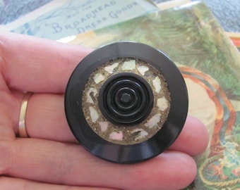 Beautiful Brown Bakelite & Shell Button or Brooch Lapel Pin or Pendant 42mm // Antique Vintage Collectible Buttons // Many more