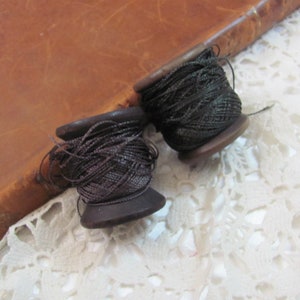 Silk Thread on Small Wooden Spools - Antique 19th Century Embroidery Knitting Crocheting Brown Dark Green - Hemingway Pure Silk Threads
