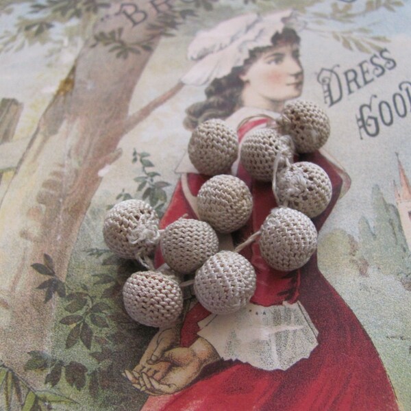 10 Victorian Beige Ball Shaped Fabric Crocheted Buttons 10mm // Antique Vintage Collectible Buttons // Many more to choose from