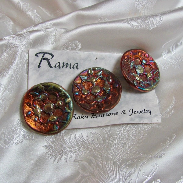 Lot de 3 incroyables boutons faits main en céramique Rama Raku 34 mm // Boutons de collection vintage // Beaucoup d'autres boutons au choix