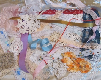 Assorted Lace Doily Pieces Ribbon Textile - 38 Different - Antique Vintage Crafts Scraps Bundle Mixed Journal Embellishments Slow Stitch