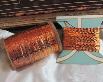 Orange Metal Tinsel Ribbon Flat Textured Embossed Thread - Antique 19th Century Made in France Ribbonwork Fly Tying Lure Making