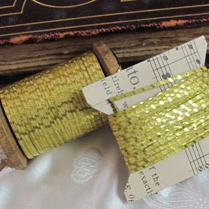 Yellow Metal Tinsel Ribbon Flat Textured Embossed Thread - Antique 19th Century Made in France Ribbonwork Fly Tying Lure Making