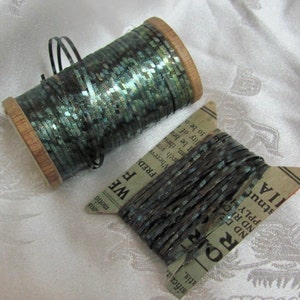 Dark Green Real Metal Thread Ribbon Flat Textured Embossed Bullion Tinsel - Antique 19th Century France - Ribbonwork Fly Tying Lure Making