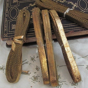Antique French Gold Metal Lame Woven Ribbon // .5 Inch 1/2 Inch 13mm - 15mm Wide // Price Per 3 yards or per Skein Metallic From France