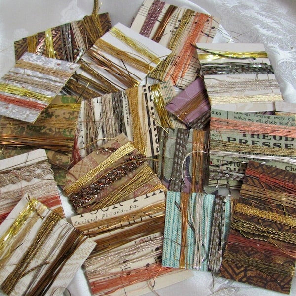 Assorted Metal Threads Tinsel Floss Cord Soutache Woven Braided Twisted Antique Vintage Silver Gold Copper Metallic Sampler Bundle Lot