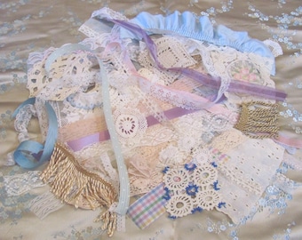 Assorted Lace Doily Pieces Ribbon Textile - 38 Different - Antique Vintage Crafts Scraps Bundle Mixed Journal Embellishments Slow Stitch