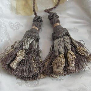 Set of 2 Beautiful Brown Gold Olive Fancy Drapery Tassels // 5&quot; long with 16&quot; cord/rope // Unused New Old Stock Home Decor