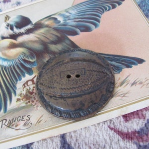 Peut inclure: Un bouton brun ovale avec une surface texturée et un seul trou au centre. Le bouton est posé sur une carte postale vintage avec une illustration d'oiseau.
