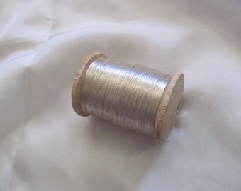 Wooden Spool of Vintage Silver Metallic Thread Dark Color French 