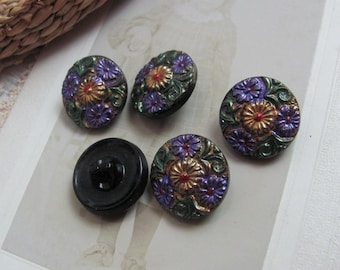 5 botones florales negros de cristal checo de 18 mm // Tarjeta original sin usar, estilo Art Déco de principios de siglo, antiguos, vintage, coleccionables, prensados