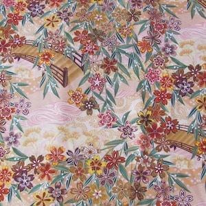 Japanese Gardens // Floral Flowers Botanical Gold Painted Accents 100% Cotton Fabric // Perfect Occasions England // Price per yard BTY