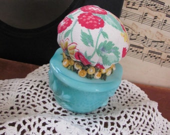 Handmade Pin Cushion Turquoise Avon Glassware and Vintage Dish Towel  - Others available in my shop