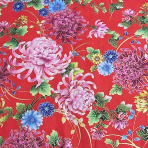 Faye Burgos // Red Floral Flowers Botanical Gold Painted Accents 100% Cotton Fabric // Marcu Brothers Textiles // Price per yard BTY