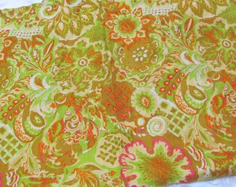 Vintage thailändskt sidentyg - 102 cm x 91 cm totalt - Mid Century Raw Silk Dupioni Retro // Gulgrön Orange Blommor