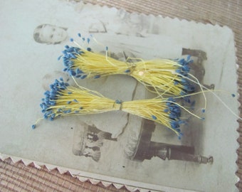 Stamens Bunch for Ribbon Work Millinery // Yellow Wire Blue Composition Tips // Circa Early to Mid Century Antique Vintage Flowers