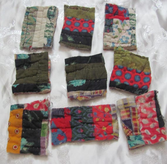 Lot of 9 Vintage Antique Handmade Quilt Square Pieces -  Worn Used Loved  for crafts sewing repurpose  feed sack hand stitched