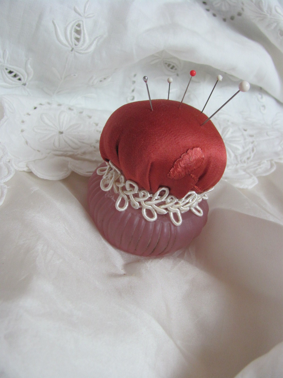 Handmade Pin Cushion Pink Frosted Vintage Glassware - Others available in my shop