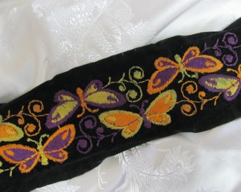 Black Velvet Butterfly Embroidered Trim Fabric Ribbon 3&quot; Inch 75mm - Price is per Yard  - Original Vintage