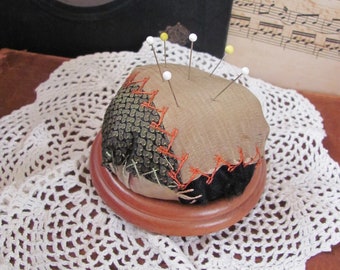 Handmade Pin Cushion made with Wood and Antique Crazy Quilt - Others available in my shop