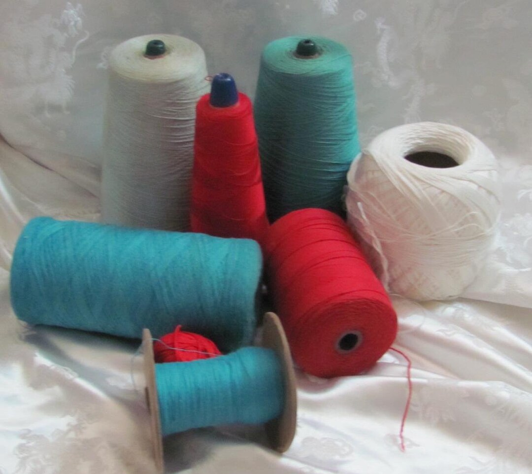Yarn Fiber String Lot of 7 Assorted Fibers Colors Vintage Large Cone Yarns String Thread ...