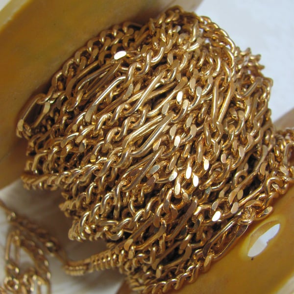 Vintage Gold Tone Chain Metal Necklace Jewelry Supply - Figaro 5mm - Chain by the Foot - Yellow Gold