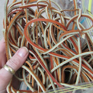 May include: A collection of leather strips in shades of orange, brown, and pale green. The thin strips are likely cut from a larger piece of leather. The leather is held in a clear plastic bag.
