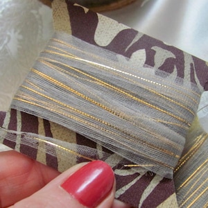 Morell Frankreich // Weiche Seide Sheer Grau Organza Mesh Gold Metallic Band 7 mm Breit - Preis gilt pro 3 oder 5 Meter // Vintage französische Bänder