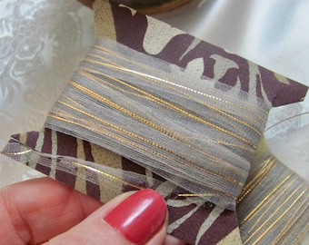 Morell Frankreich // Weiche Seide Sheer Grau Organza Mesh Gold Metallic Band 7 mm Breit - Preis gilt pro 3 oder 5 Meter // Vintage französische Bänder