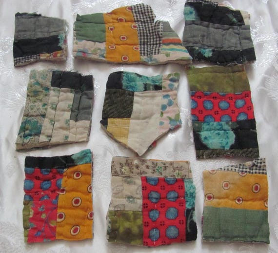 Lot of 9 Vintage Antique Handmade Quilt Square Pieces -  Worn Used Loved  for crafts sewing repurpose  feed sack hand stitched