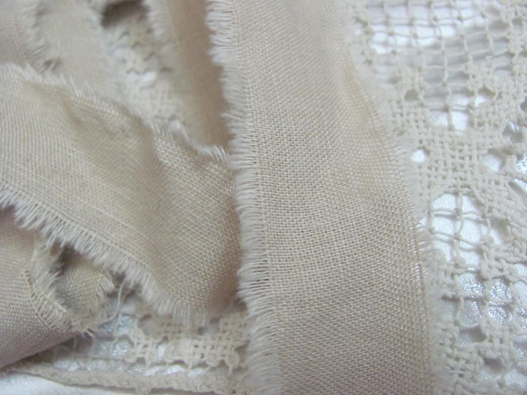 Beige Linen Hand Torn Strips Ribbon Frayed Edge Fabric 30mm X 54