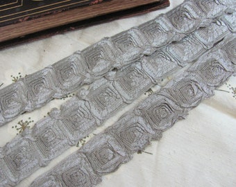 Fancy Silver Metal Woven Braided Scroll Square Rosettes Trim Fabric Ribbon  - 36mm 1.5&quot; Wide - By the Yard or piece - Original Vintage 1940s