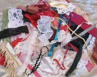 Assorted Lace Doily Ribbon Scrap Textile - 34 Different - Antique Vintage Crafts Scraps Bundle Mixed Journal Embellishments Slow Stitch Junk