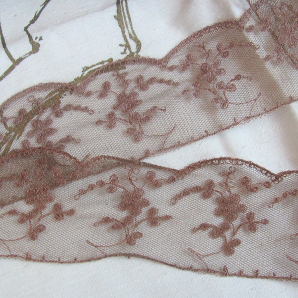 Vintage Brown Net Tambour Lace Trim - 2.75" Inch 70mm Wide - 3-5-10 Yards Each or more