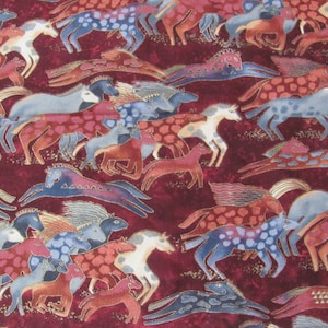 Dancing  Horses // Burgundy  Gray Gold Painted 100% Cotton Fabric Quilting  // Laurel Burch // Price is for one yard BTY