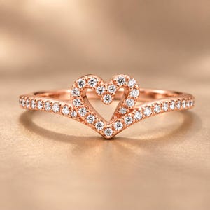 Sparkling Wishbone Heart Ring, Crystal Heart Stacking Ring, Silver, Gold and Rose Gold Ring, Gift for Her, Stacking Ring Set, Womens Ring