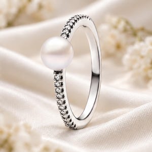 Pearl and Pave Ring, Sterling Silver Crystal Pave Band with Pearl Detail, Dainty Silver Ring, Stacking Ring, Gift for Her, Women's Ring