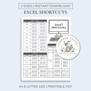 May include: A digital printable PDF guide titled Excel Shortcuts featuring two tables of keyboard commands for Windows and Mac, a computer monitor icon, and a circular logo with a bird on a cactus labelled Copper State Printables.