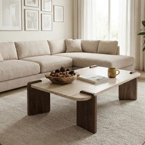 Modern Coffee Table 120x60 cm, Travertine & Natural Wood Look, Walnut Legs, Minimalist Living Room Decor, Stylish Mid Century Center Table