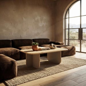 Peut inclure: Une table basse en bois clair dotée d'un plateau rectangulaire lisse et de deux pieds pleins incurvés. La table est placée dans une pièce avec un canapé marron foncé, une petite plante succulente en pot, des livres et un objet en pierre.