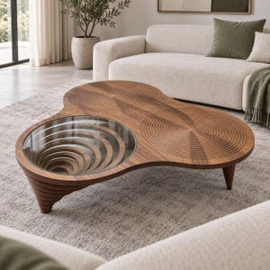 Könnte beinhalten: Ein niedriger Couchtisch aus braunem Holz mit fließender, organischer Form. Die Oberfläche zeigt zwei Bereiche mit konzentrischen kreisförmigen Schnitzereien und einen runden Glaseinsatz, der eine tiefe, spiralförmige Holzstruktur darunter offenbart.