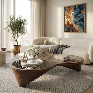 May include: A low-profile coffee table with a dark wood, layered, organic-shaped base and three circular glass insets. The table features a smooth, tiered design and sits on a textured rug, supporting a white marble tray with a vase of white flowers.