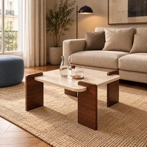 May include: A square coffee table featuring a light beige stone top with rounded corners and four dark brown wooden slab legs. A clear glass carafe filled with water and a glass of water on a wooden coaster sit on the table surface.