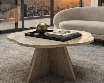 Round Coffee Table 70cm, Modern Living Room Table, Travertine Side Table, Decorative Retro Accent Table, Stylish Home Decor