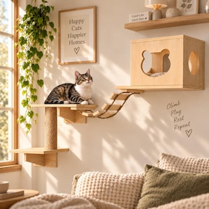 May include: A wall-mounted wooden cat furniture set featuring a square cubby with a bear-shaped opening, a sisal-wrapped scratching post, a small platform, and a rope bridge. The wall displays the text Climb Play Rest Repeat with a heart symbol.